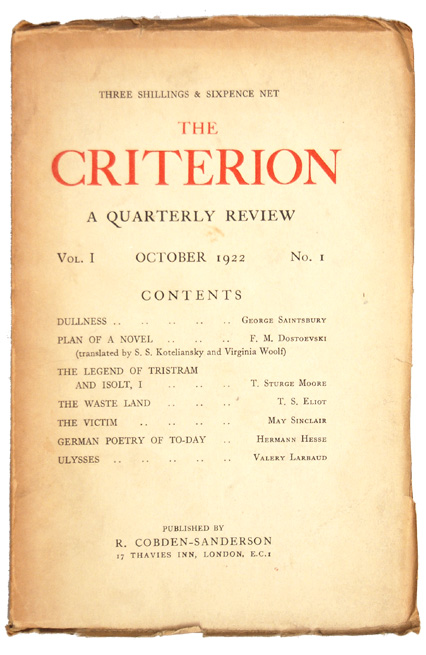 First appearance in print of The Waste Land, The Criterion October 1922