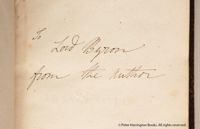 Mary Shelley's presentation inscription to Lord Byron in his copy of Frankenstein.