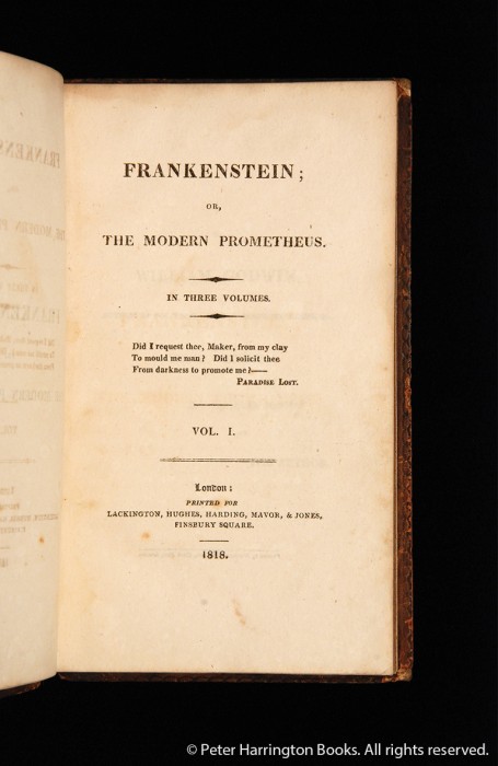 Title page to the first edition of Frankenstein by Mary Shelley (1818), Lord Byron's copy with Shelley's inscription.