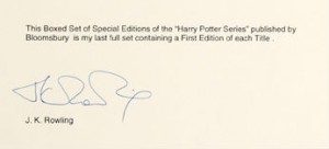 J.K. Rowling's signature in an inscribed book