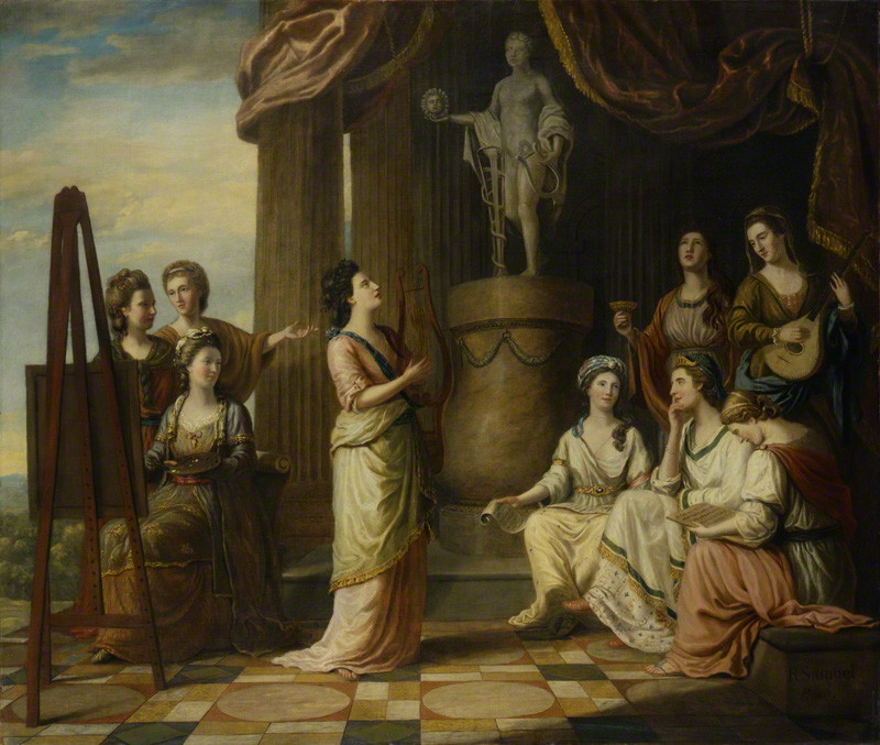 Portraits in the Characters of the Muses in the Temple of Apollo by Richard Samuel (1778). The group to the left of the painting depicts Catherine Macaulay (far left) amongst other celebrated intellectual women (or ‘bluestockings’) of the day.