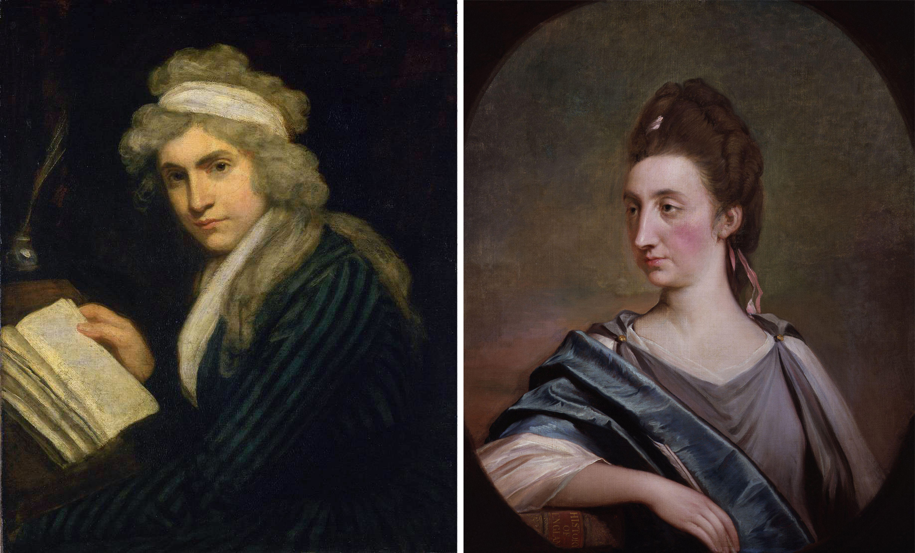Mary Wollstonecraft (left) by John Opie (1790–1), Tate Britain Catherine Macaulay (right) by Robert Edge Pine (c. 1775), National Portrait Gallery