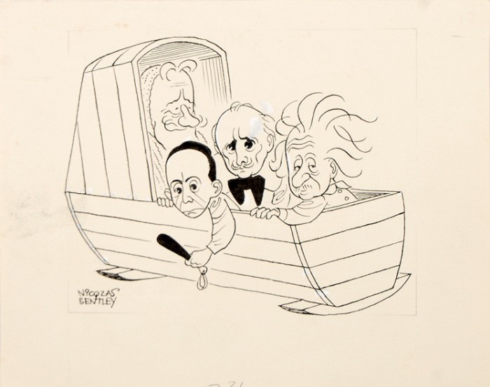 Albert Einstein, George Bernard Shaw, Josef Goebbels and Arturo Toscanini in a wooden crib.