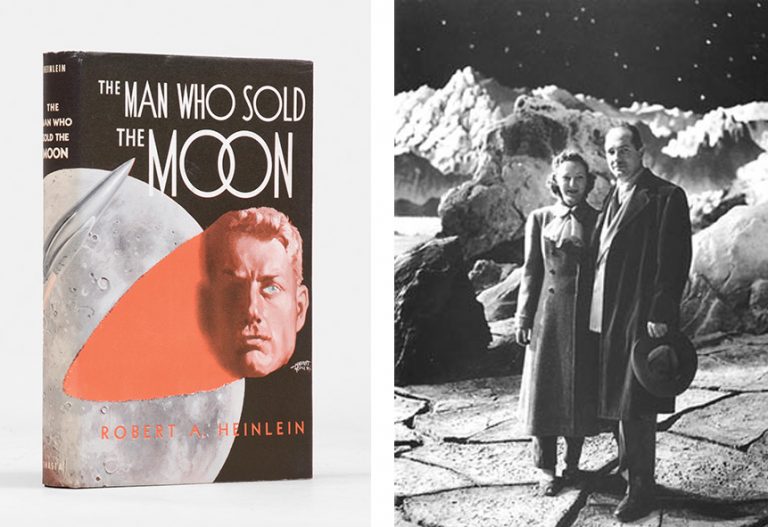 Heinlein, Robert A. The Man Who Sold the Moon. Chicago: Shasta Publishing, 1950. Heinlein and his wife Virginia on the set of Destination Moon in 1950, for which Heinlein wrote the screenplay