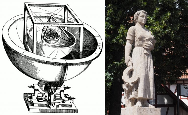 Kepler’s model of the solar system. Statue of Katharina Kepler in Eltingen. Harke, CC BY-SA