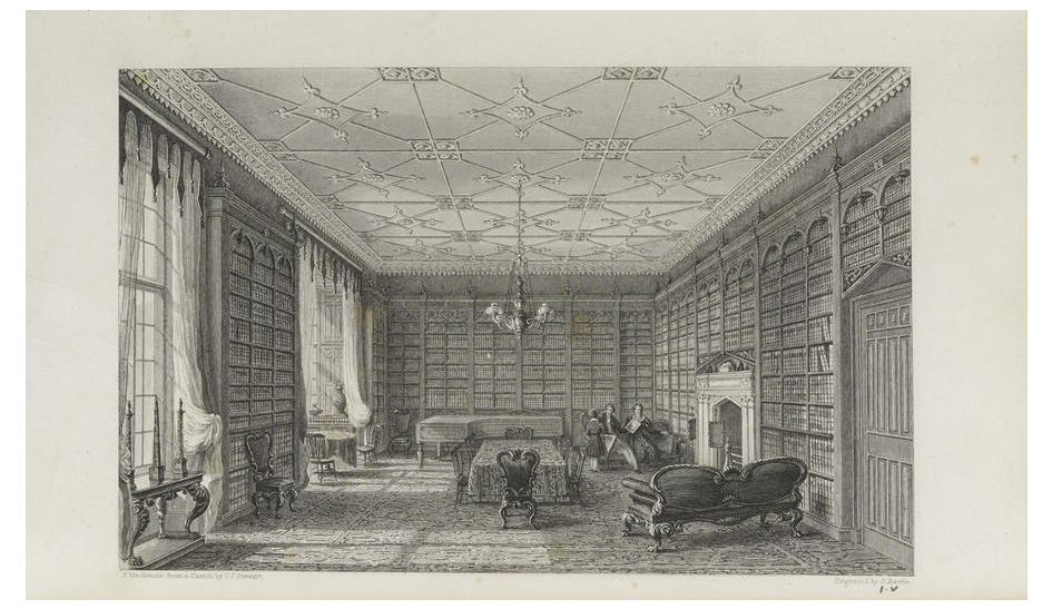 Engraving of Eshton Hall Library