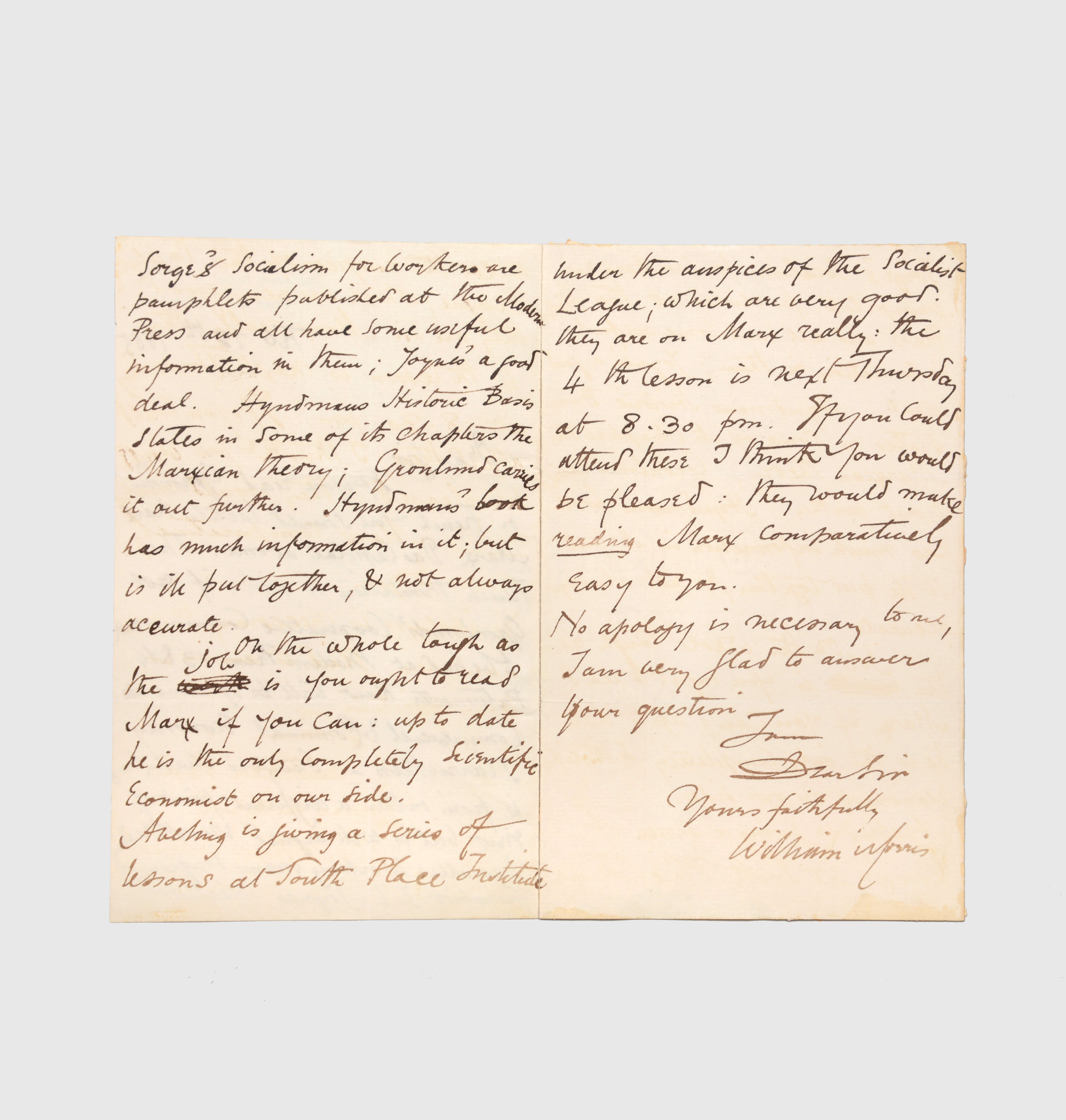 MORRIS, William. Autograph letter signed to an unknown correspondent ("Dear Sir"), recommending Marx's Das Kapital. Kelmscott House 28 February, 1885.