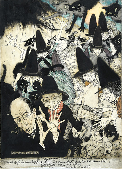 Arthur Rackham self portrait with the artist surrounded by fairy tale witches. 