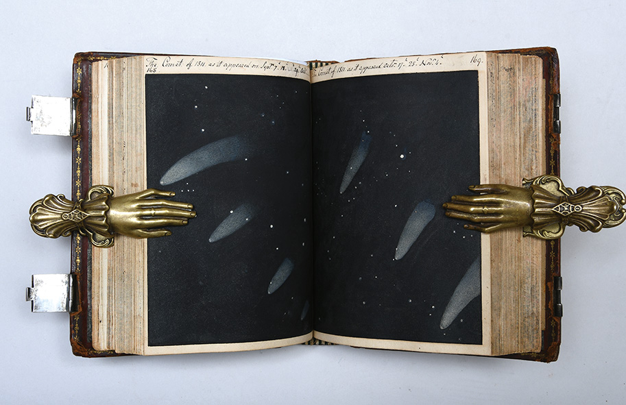 An illustration of meteors crossing the night sky in an astronomical manuscript by Henry Ferdinand Pelerin. 